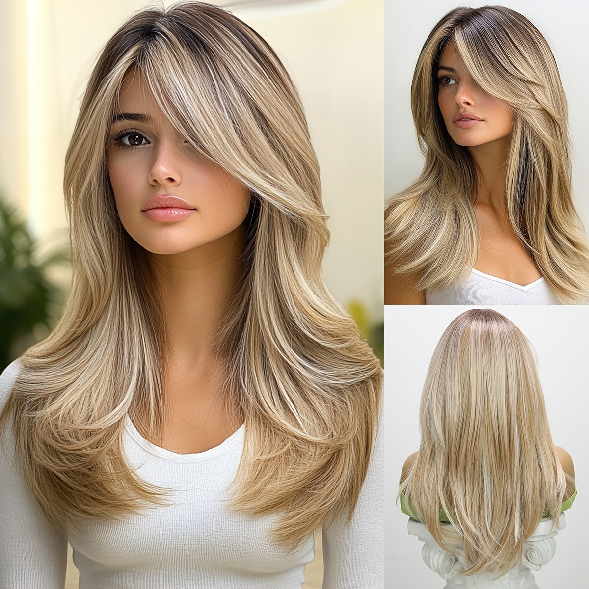 Elegant Blonde Highlighted Women's Wig with Bangs - Heat-Resistant Synthetic Straight Hair, Gradient Style from Dark to Light Blonde, Perfect for Daily Wear, Beginners, Mother's Day, Birthday Gifts, and Parties, Blonde Wigs,